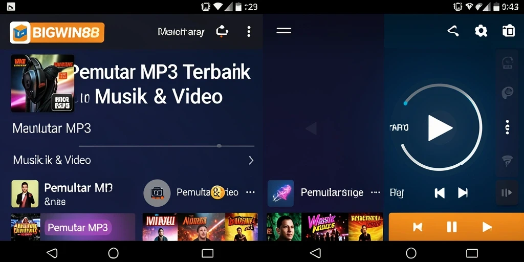 Tampilan antarmuka aplikasi Pemutar MP3 BIGWIN88 yang modern.